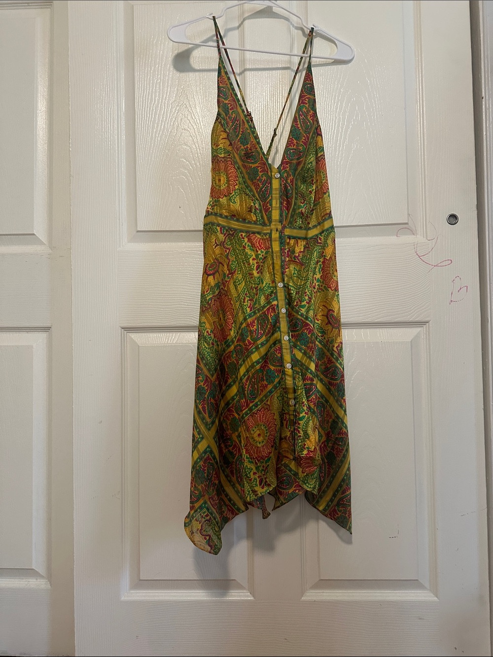 Urban Outfitters Yellow & Green Paisley Asymmetrical Spaghetti Strap Dress